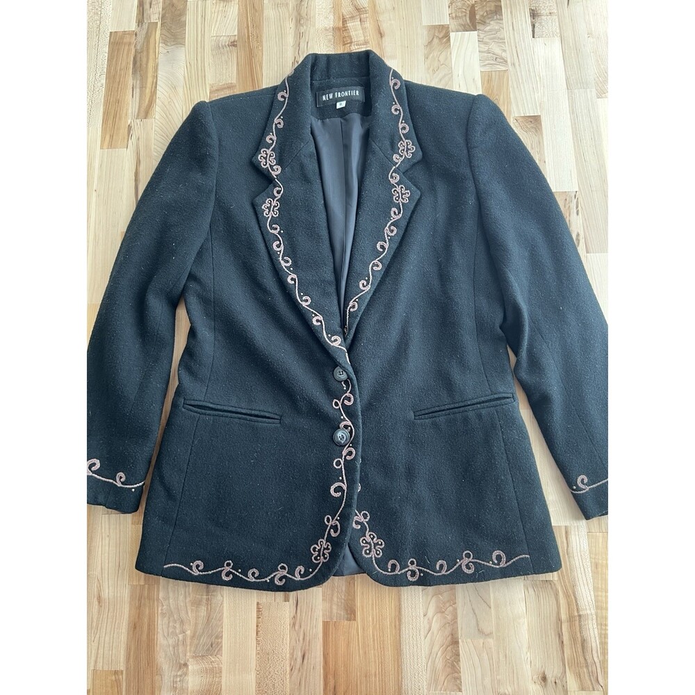 Vintage New Frontier 100% Wool Jacket Blazer Black Embellished Beaded Small